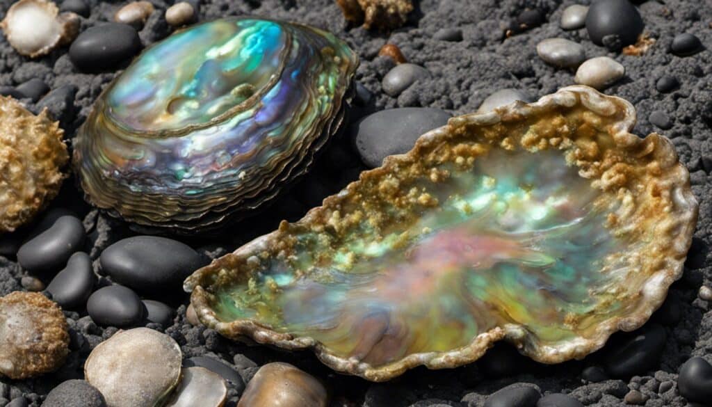 An dull abalone shell on a beach.