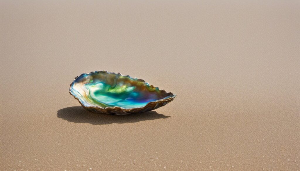 A vibrant abalone shell on a sandy beach.