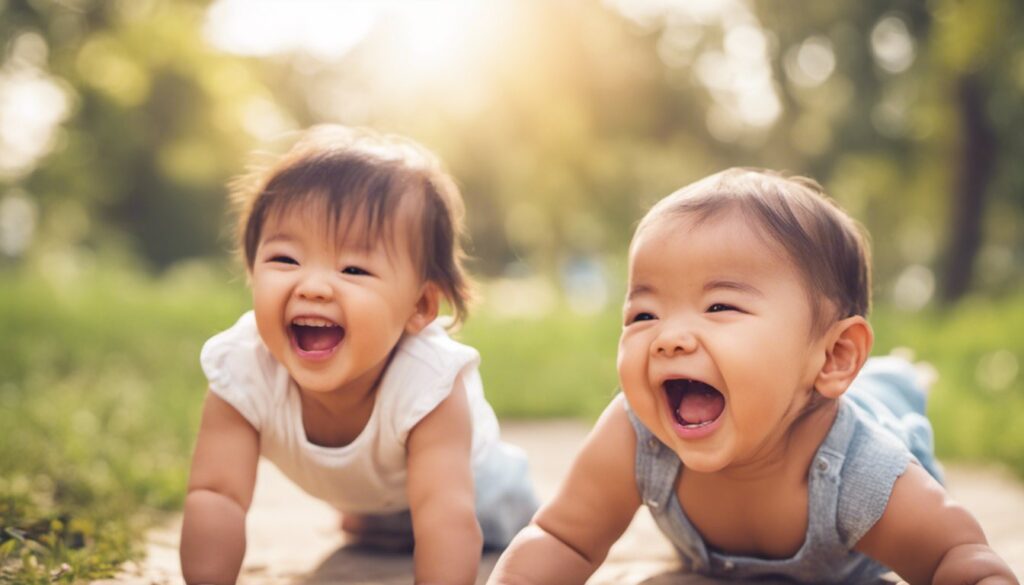 Two asian babies laughing in the park.