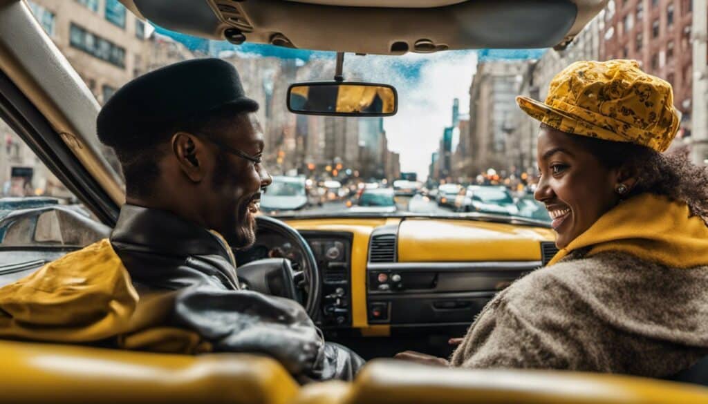 A couple in a cab in NYC.