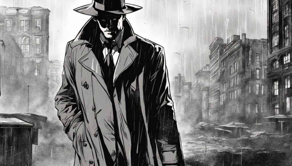 A black and white image capturing a mysterious man in a trench coat and hat, embodying detective dreams.
