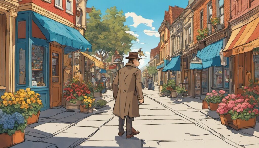 An illustration of a detective walking down a street, lost in his dreams.
