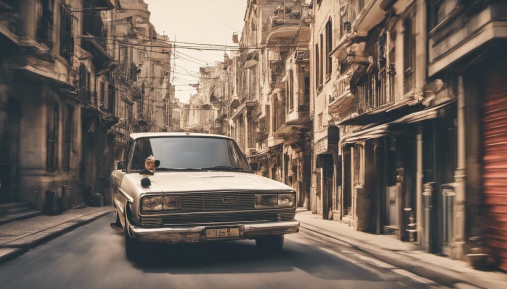 A white cab driving down a street in an old city.