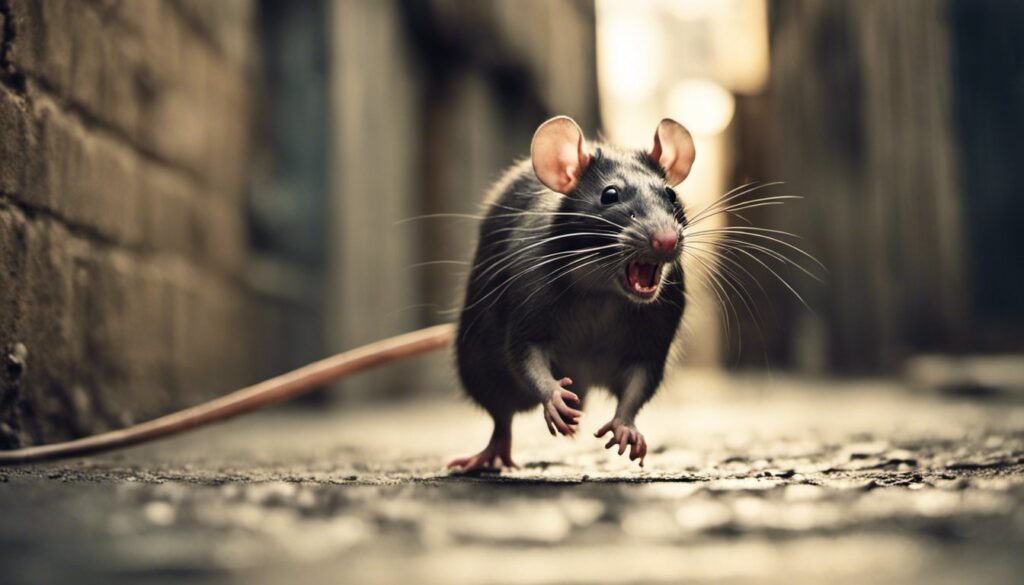 A black rat chasing its dreams down an alley.