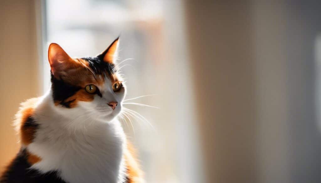 A calico cat peacefully daydreaming in front of a window.