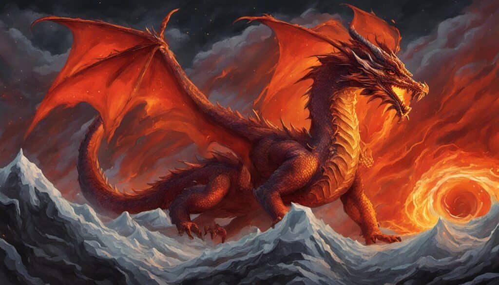A fiery red dragon fulfilling dreams atop a mountain.
