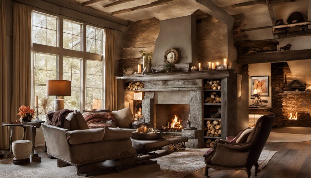 A cozy living room with a fireplace and panoramic windows.