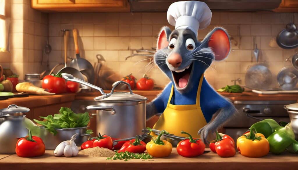 A dreamy cartoon rat in a chef's hat is standing in the kitchen.