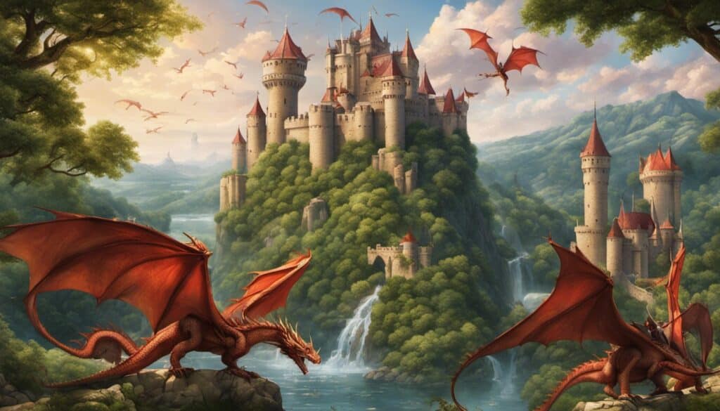 A painting of a castle with red dragons flying over a waterfall, brought to life by dragon dreams.