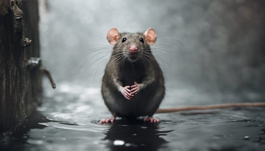 A rat curiously explores a puddle of water.
