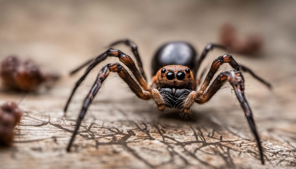A close up of a spider on a wooden surface, inviting spider dreams.