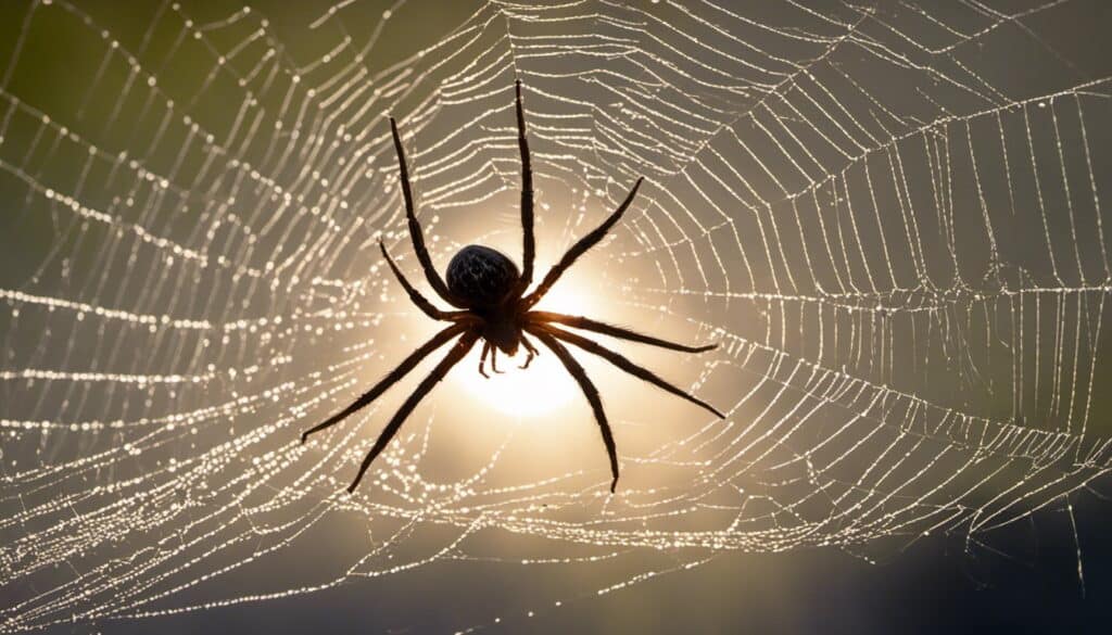 A black spider dreams in its web under the sun.