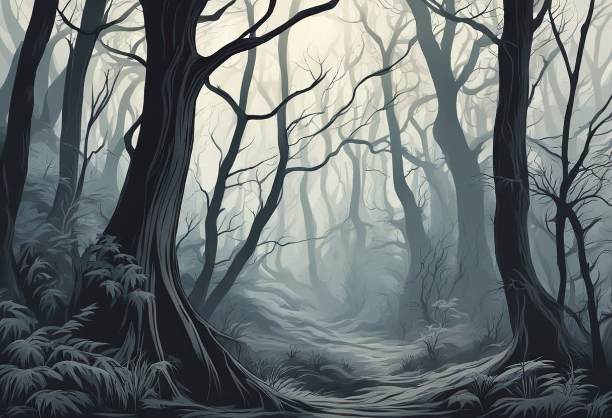 An illustration of a haunting dark forest under the enchantment of a full moon, providing an eerie atmosphere that captures the essence of nightmares.