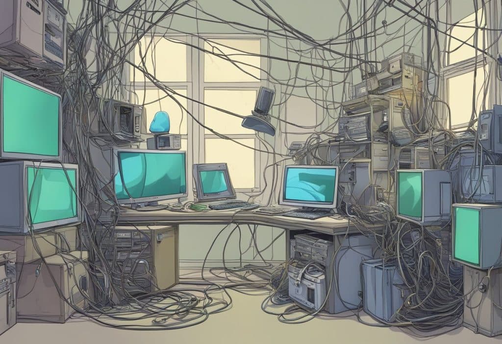 An illustration of a room full of wires and computers.
