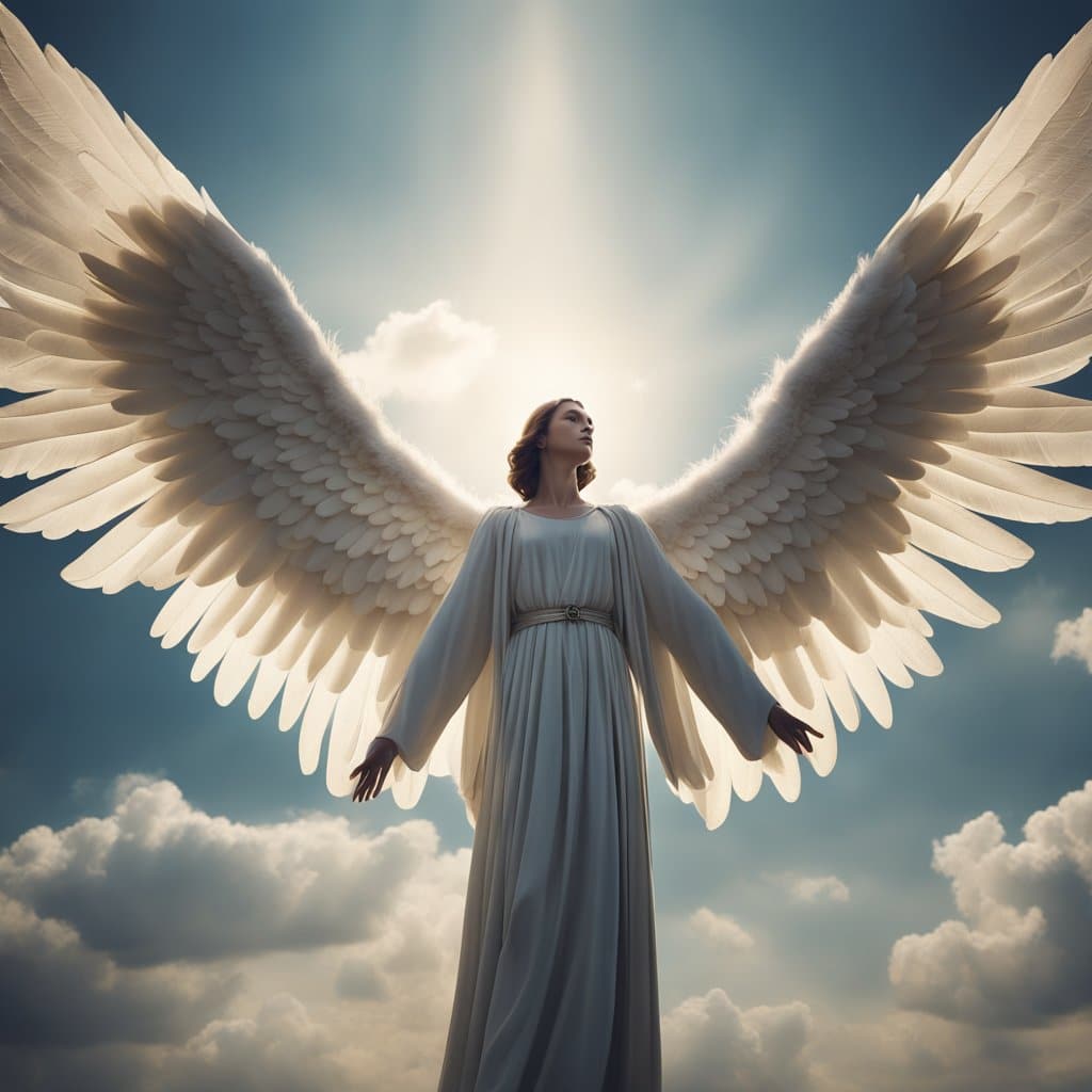 A white angel with wings spread out in front of a cloudy sky.