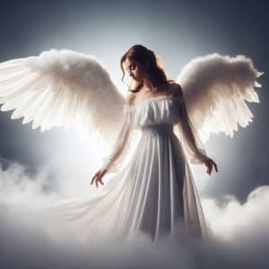 A white angel with wings in the clouds.