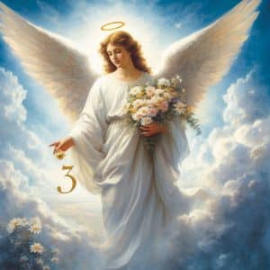 A white angel holding a bouquet of flowers.