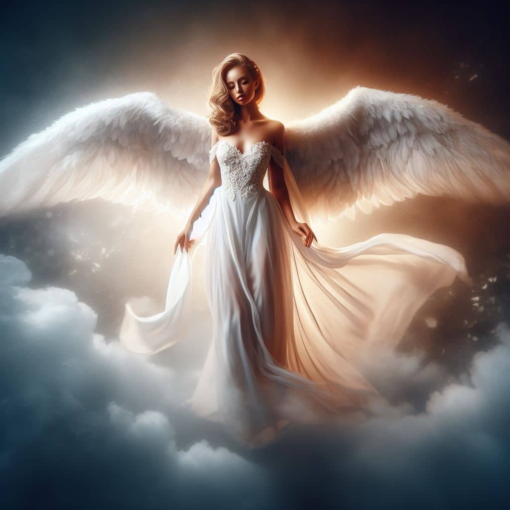 A beautiful angel with wings flying in the clouds.