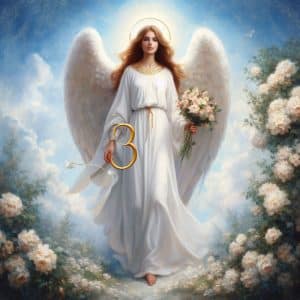 A white angel holding a bouquet of flowers.