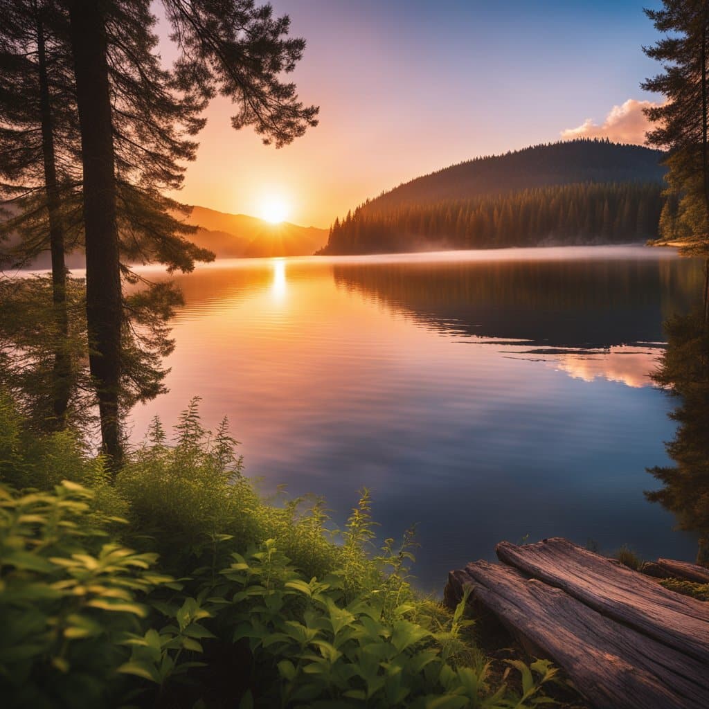 The sun is rising over a lake in a forest.