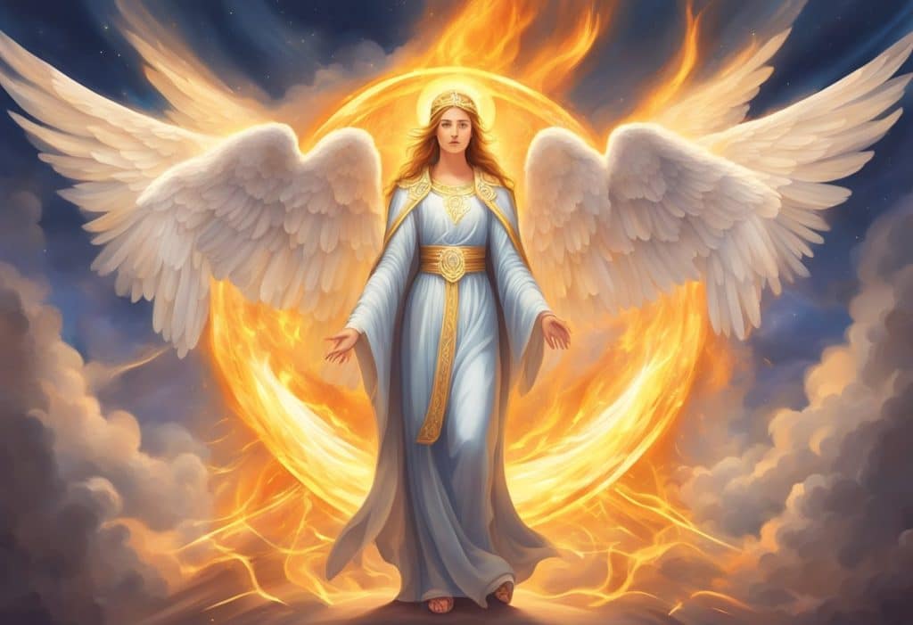 An angel with wings standing in front of a fire.