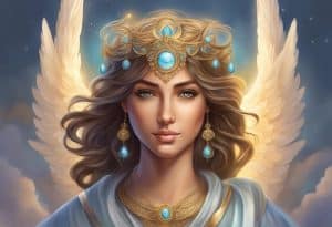 An angel with blue wings and a crown.