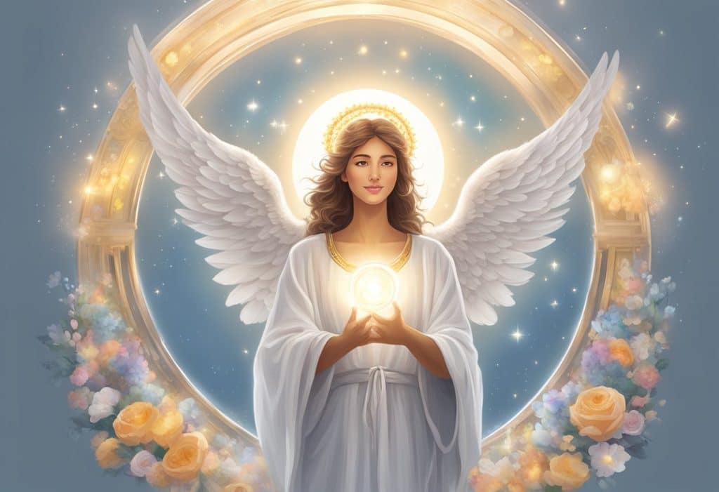 An angel holding a candle in a circular frame.