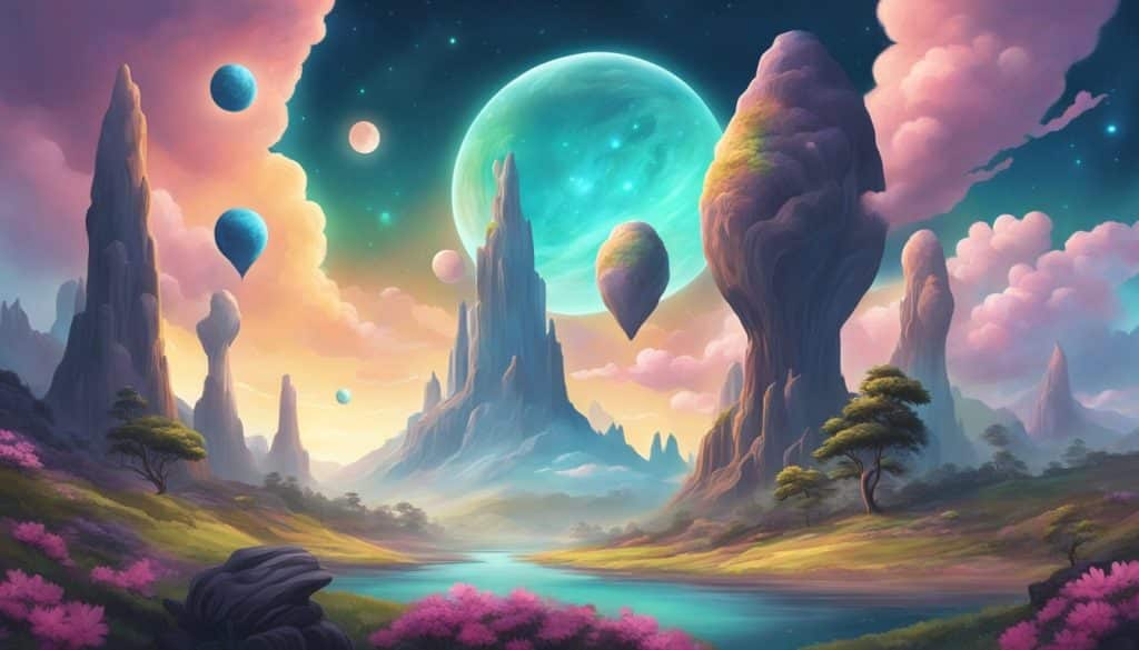 A painting of a landscape with balloons in the sky.