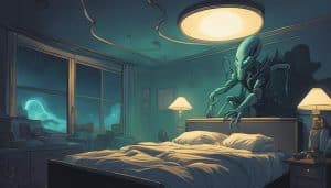 An alien in a room with a bed and a lamp.