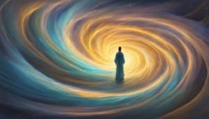 A man standing in front of a swirling vortex.