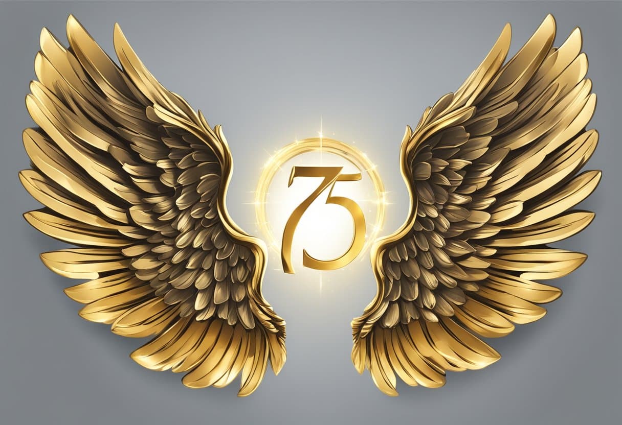 Golden angel wings with the number 75 on a gray background.