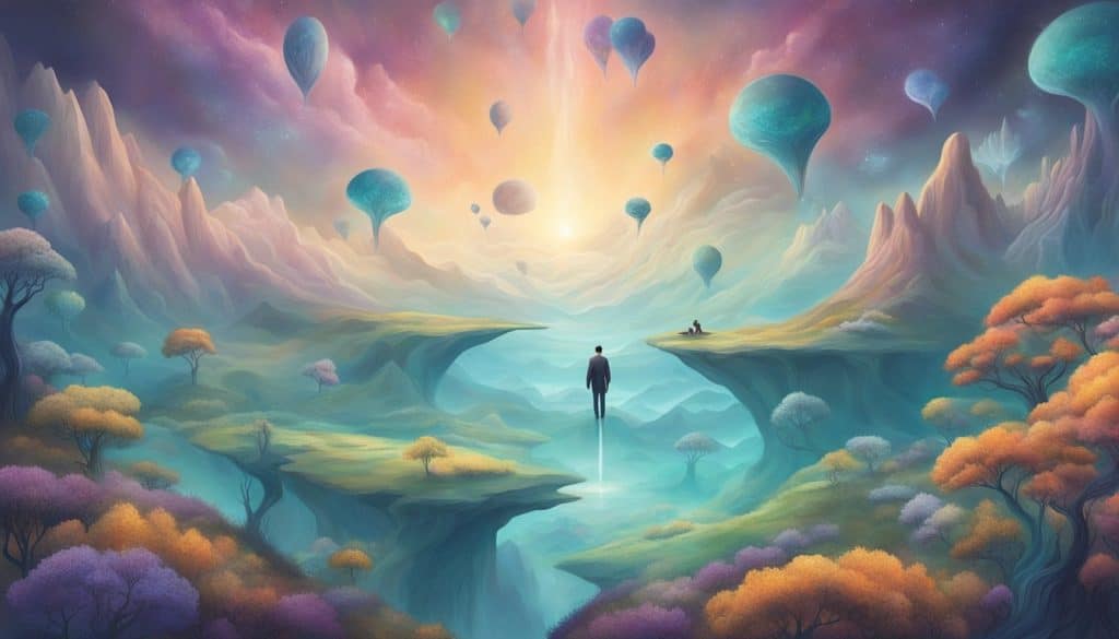 A painting of a man standing in the middle of a landscape with balloons.