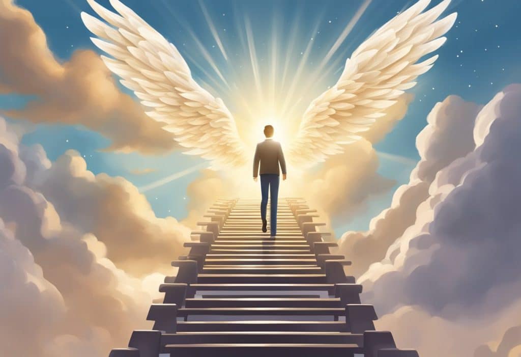 A man standing on a stairway with angel wings.