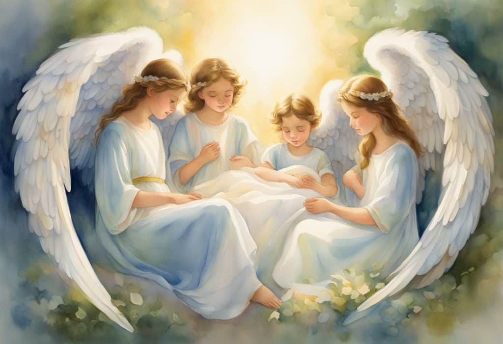 A painting of angels with a baby in their arms.