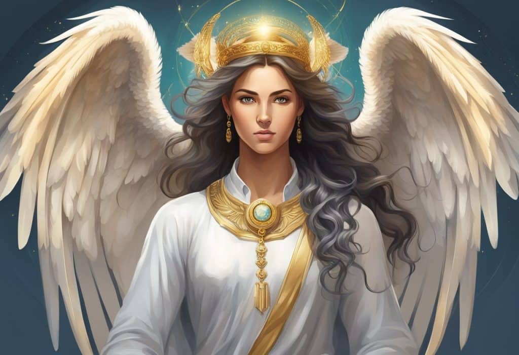 Illustration of a majestic female angel with large white wings, wearing a golden crown and a white robe with a green gemstone.