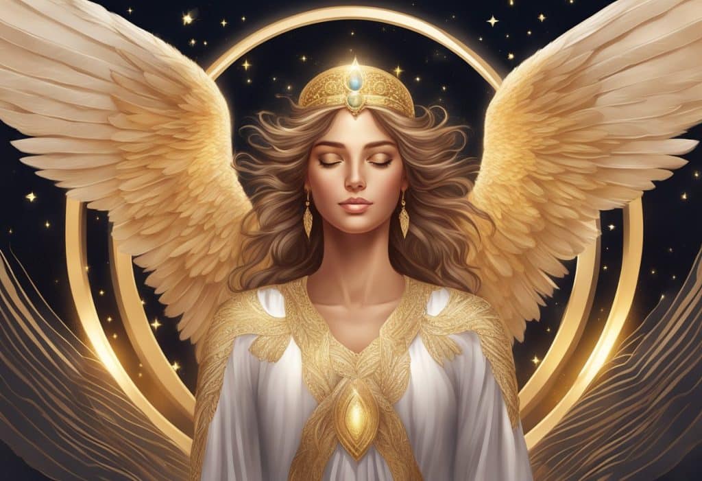 An angel with golden wings and a crown.