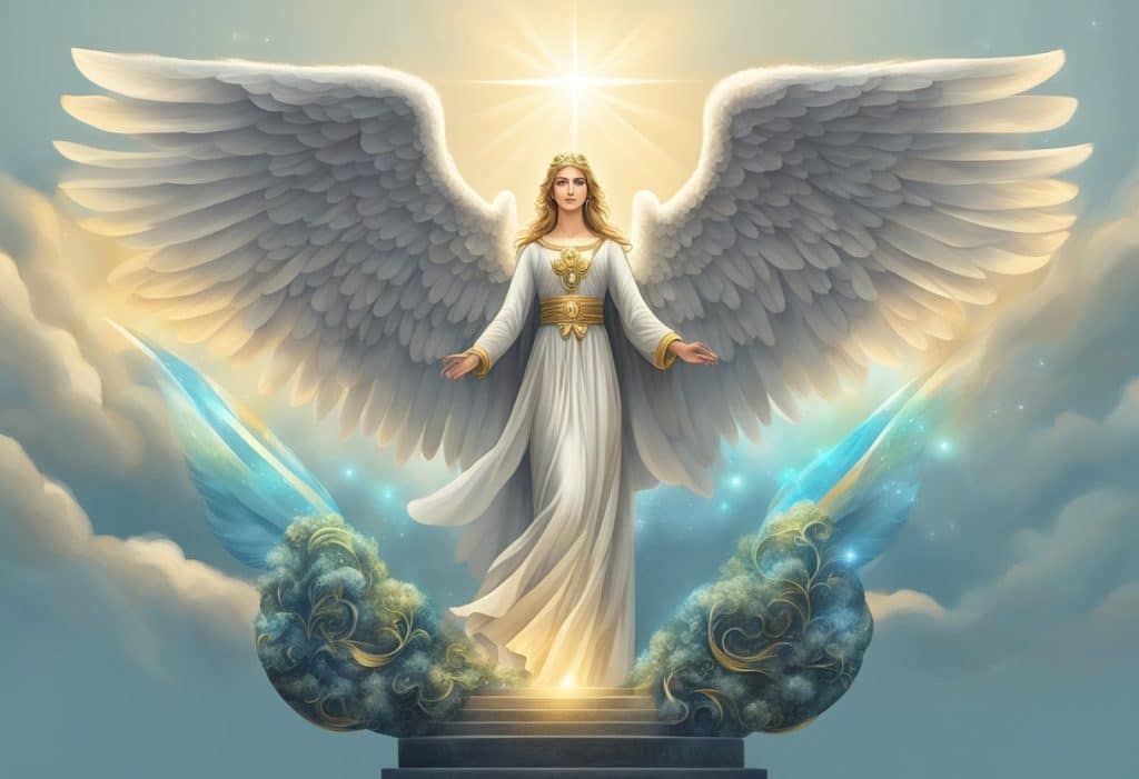 A white angel standing on top of a staircase.