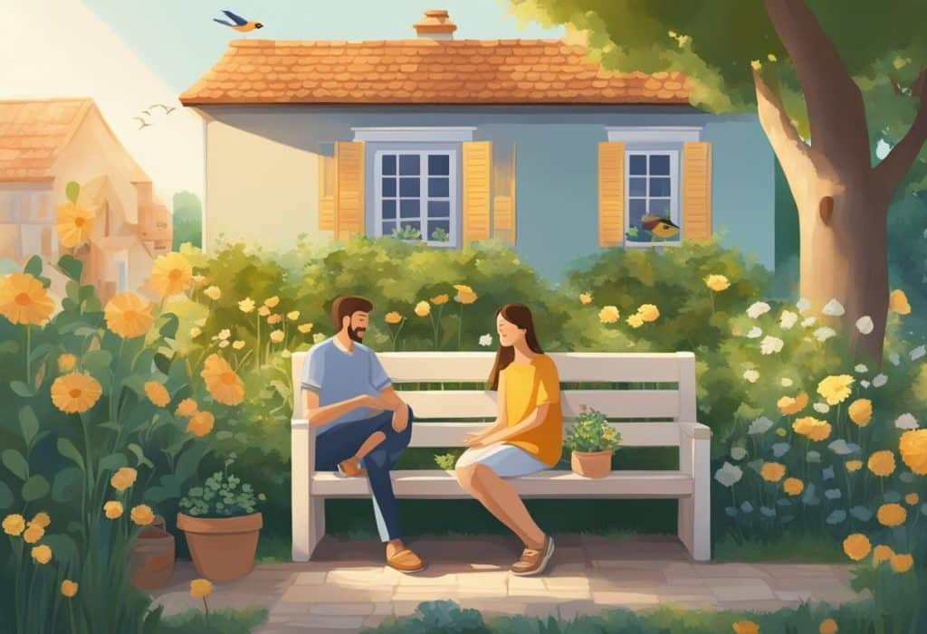 A couple sitting on a bench in front of a house.
