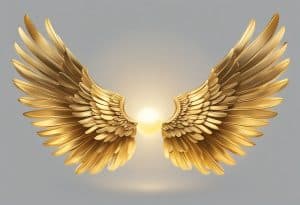 Golden angel wings on a gray background.