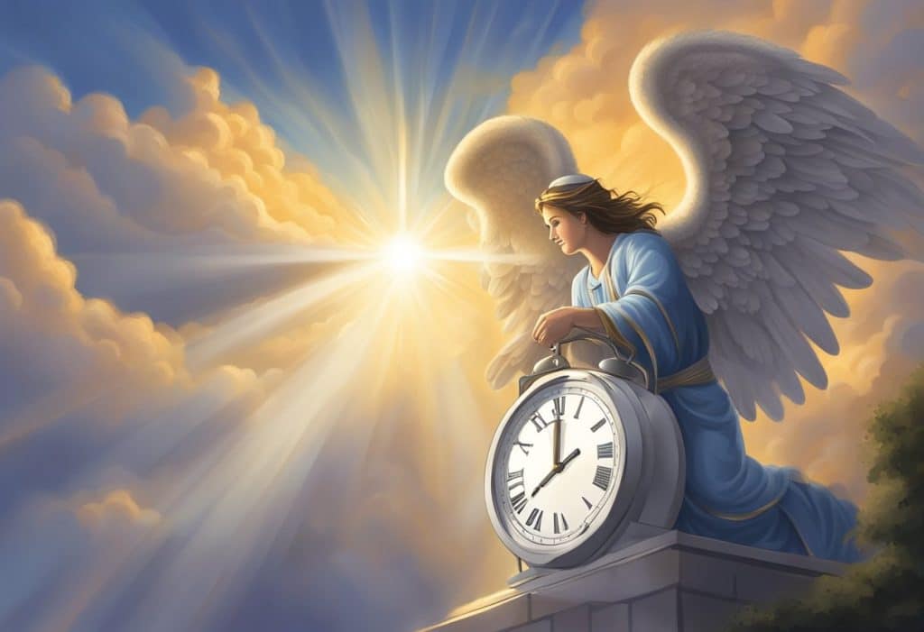 An angel sitting on top of a clock.