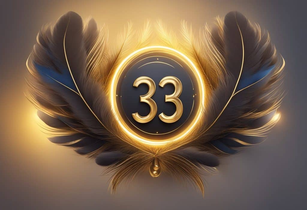 The number 33 with golden feathers on a gray background.