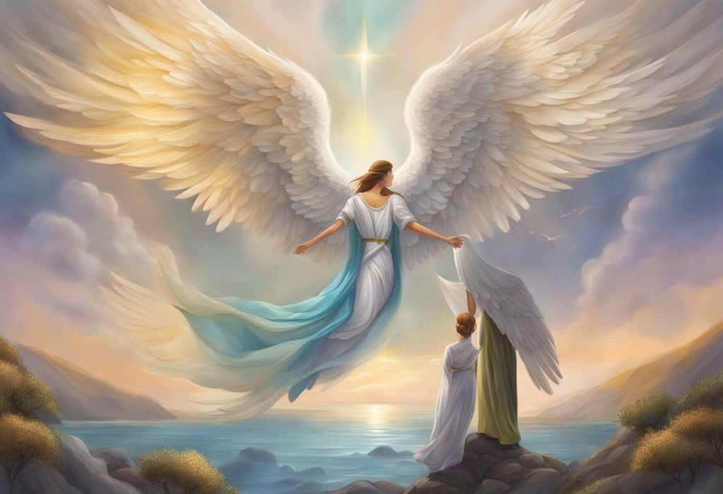 A painting of two angels flying over the ocean.