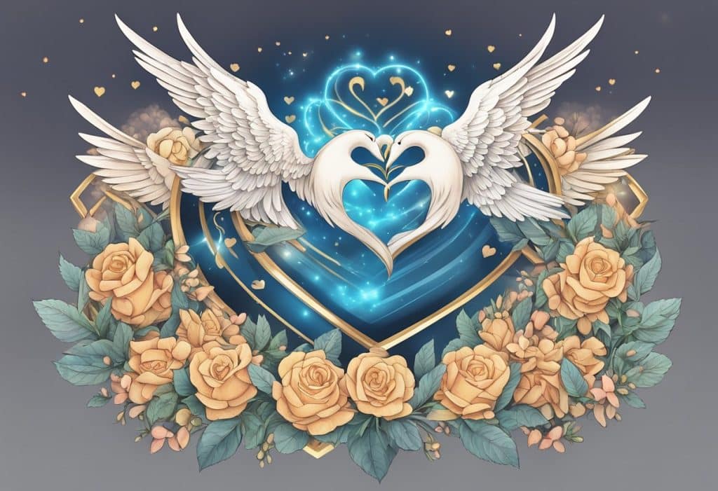 Two white swans forming a heart shape, surrounded by golden hexagons, roses, and angel wings, against a starry background.