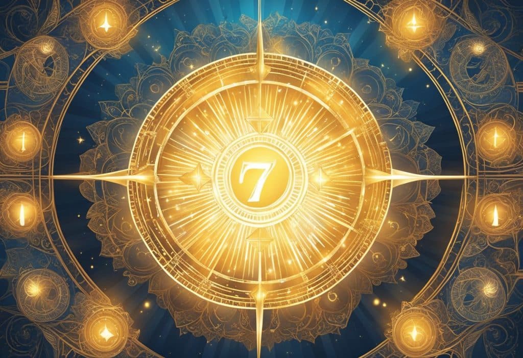 An image of a golden seven on a blue background.