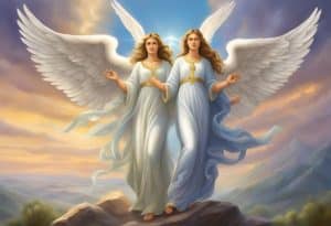 Two angels standing on top of a mountain.