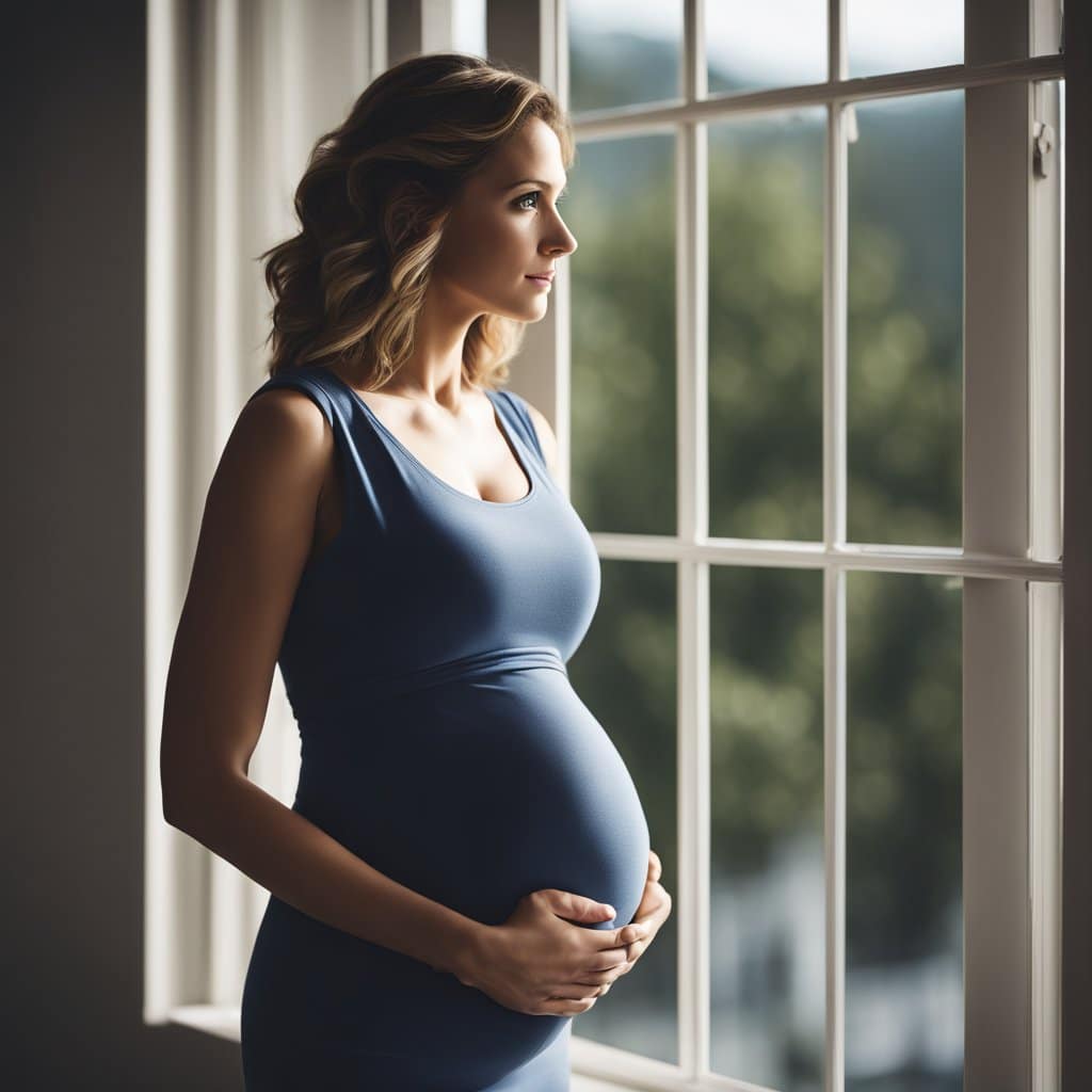 A pregnant woman standing by a window.