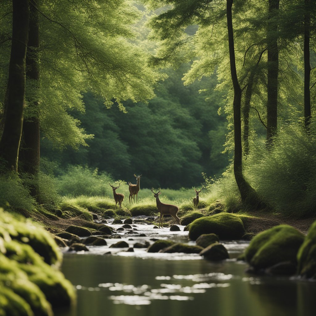 Deer in a forest near a stream.