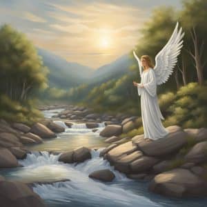 A painting of an angel standing by a river.