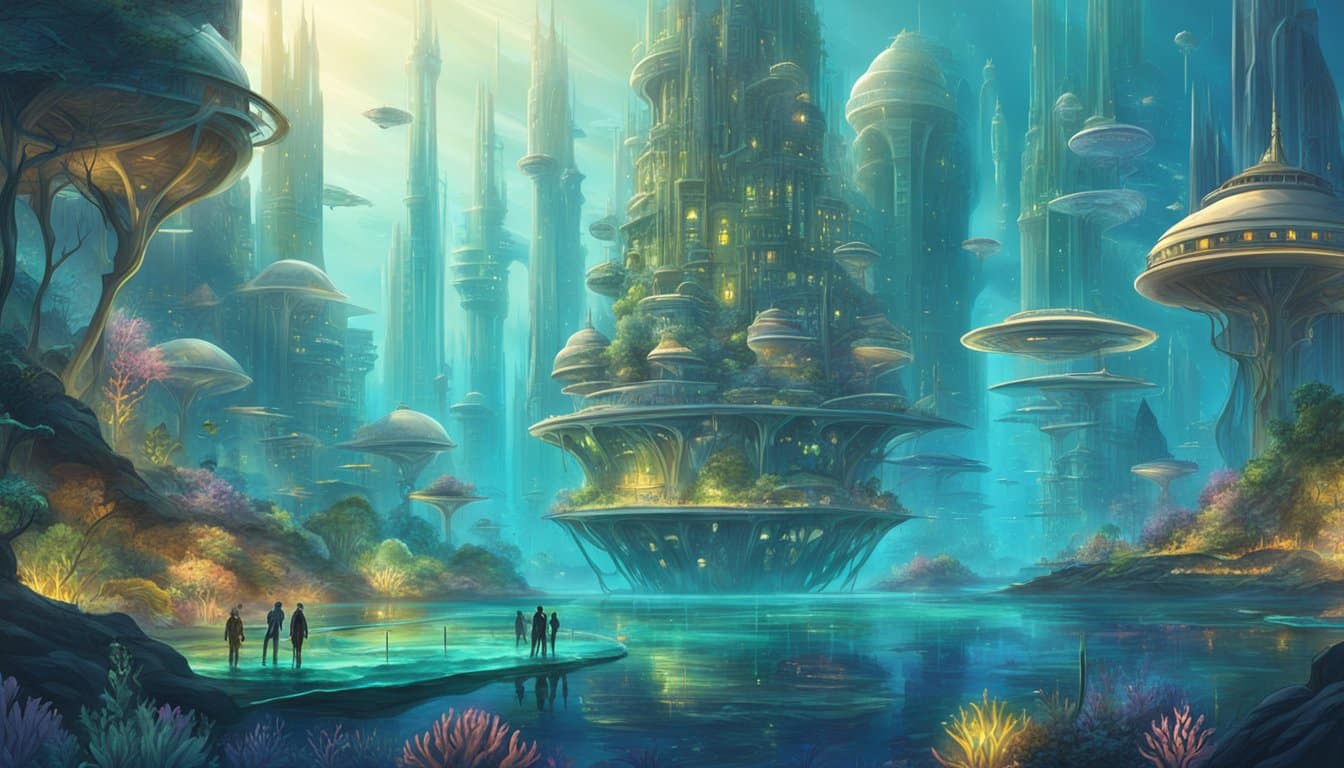 A painting of a futuristic city in the water.