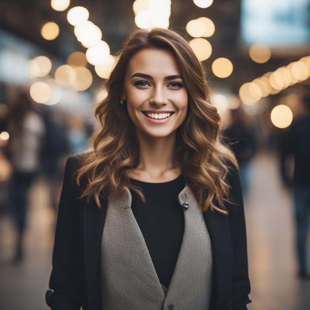 A smiling business woman in a business suit standing in a city street.